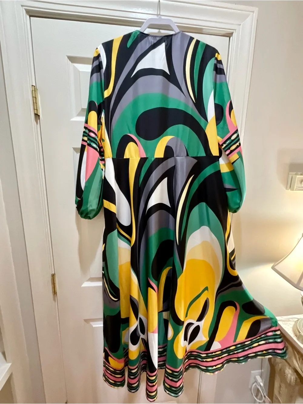 V-Neck Abstract Print Maxi Dress in Green, Yellow, Black & White